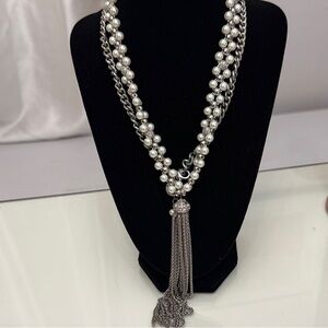 Silver Pearl Chain Necklace with Tassel Pendant - Women Jewelry